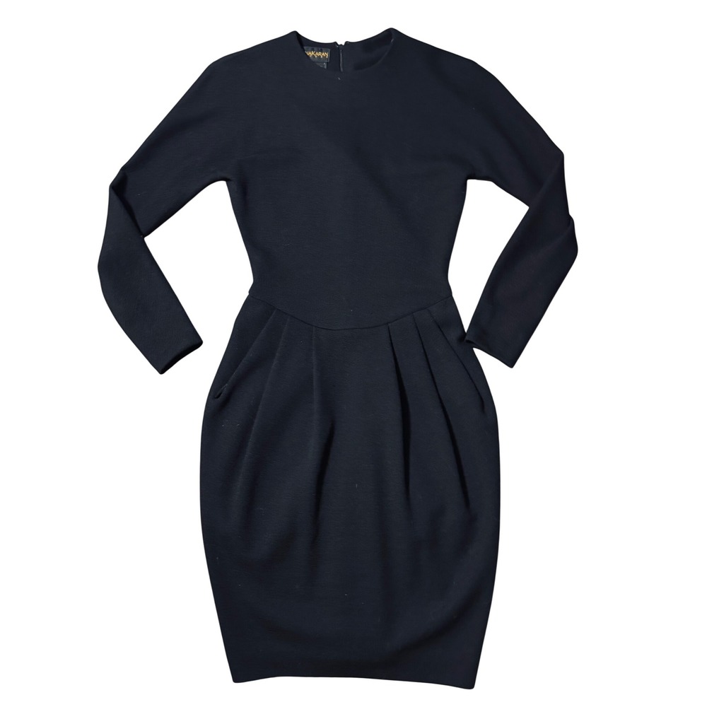 Donna Karan New York Vintage Black 100% Wool Pleated Long Sleeve Dress Sz 2 Pock